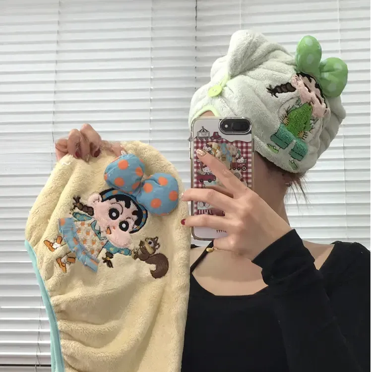 可爱刺绣小新干发帽女吸水珊瑚绒速干包头发毛巾浴帽2025新款