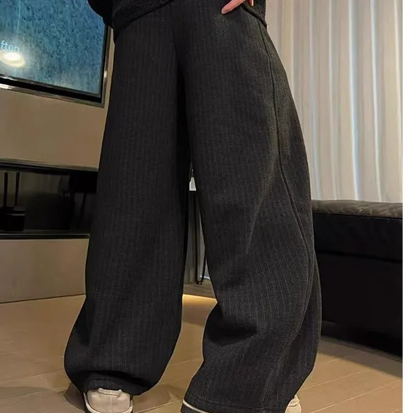 2025秋冬设计师款飘带抽绳竖条纹加绒休闲裤男潮牌百搭弯刀阔腿裤