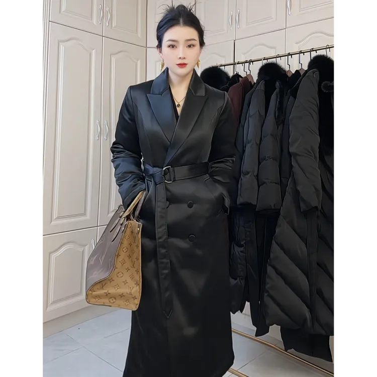 高级感三醋酸外套女长款西装领收腰鹅绒服双排扣黑色气质女装2639