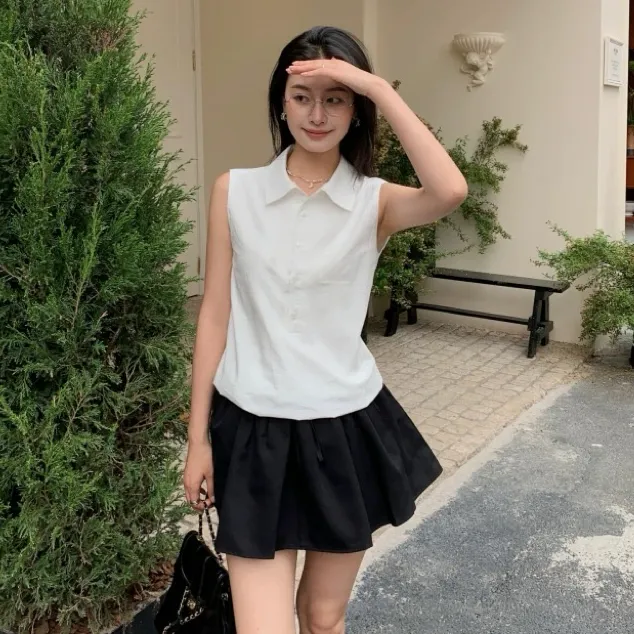 2025夏季寂宅风半开领松紧下摆百搭休闲纯色无袖背心衬衫上衣