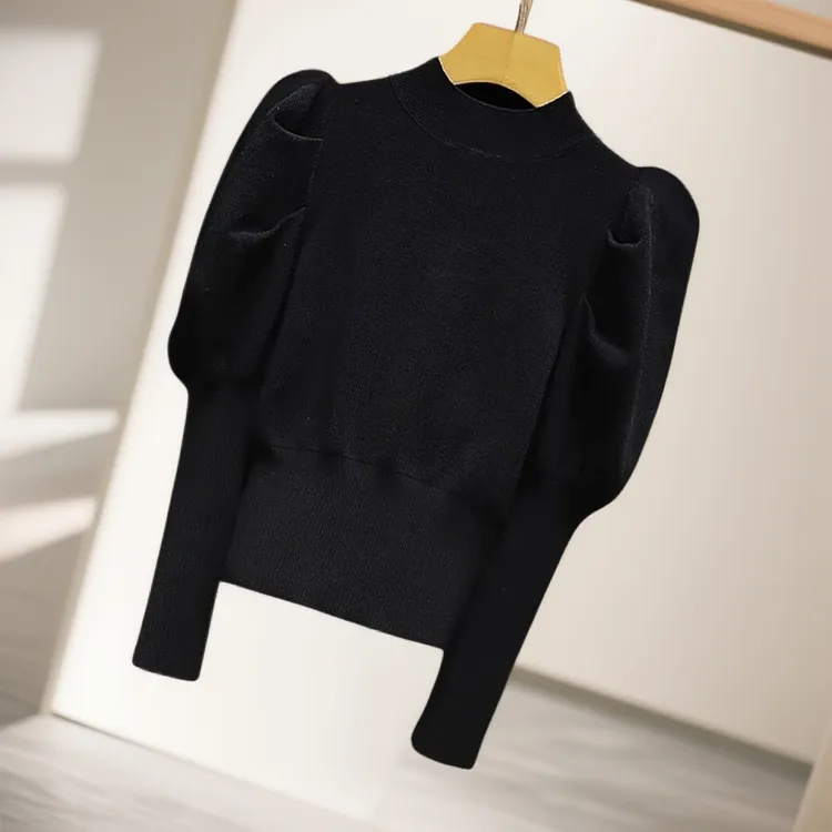 半高领压褶泡泡袖修身显瘦洋气百搭针织衫长袖黑色圆领气质上衣女