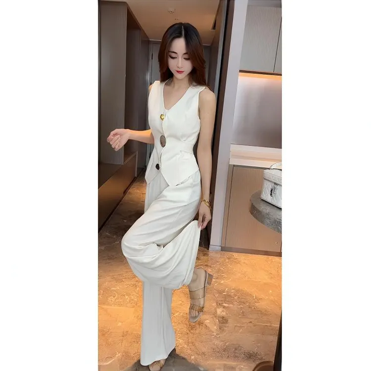 名媛风气质洋气大V领大纽扣系带领马甲西装上衣女阔腿裤长裤潮