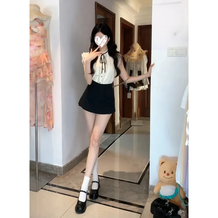 【瑞瑞专属】 木耳花边立领衬衫女系带蝴蝶结飞飞袖上衣套装1490