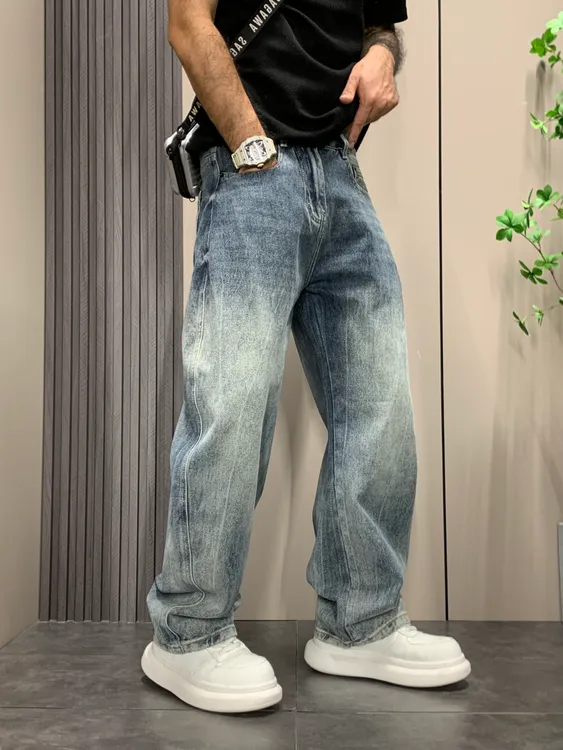 YU-B男士新款百搭直筒牛仔裤宽松痞帅慵懒风长裤蓝色休闲老爹裤男