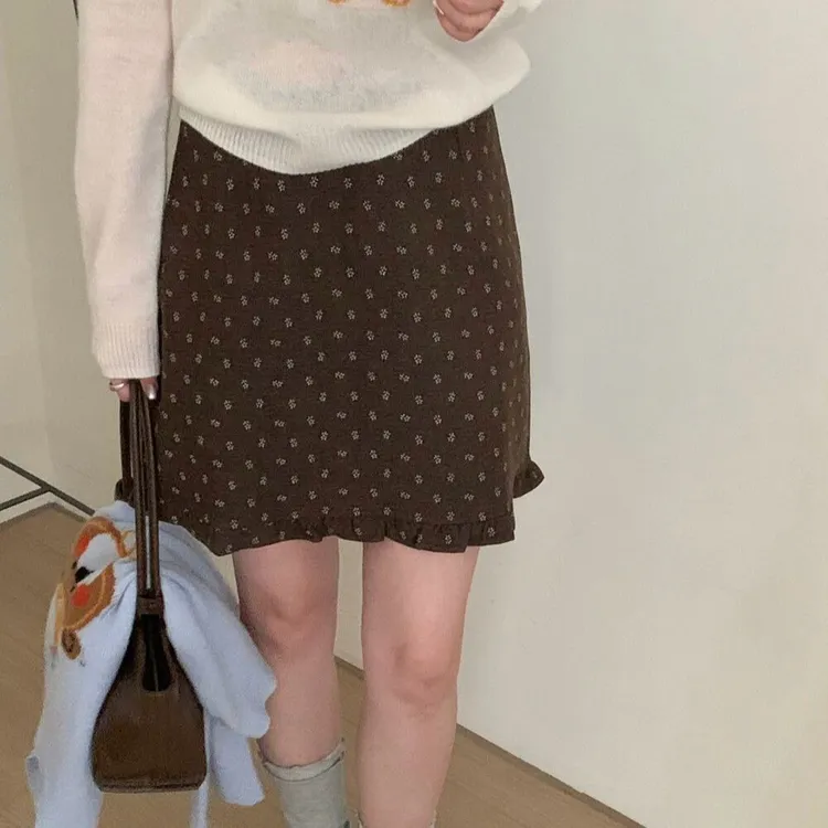 碎花毛呢半身裙女秋冬大码咖色高腰显瘦木耳边短裙复古韩系a字裙
