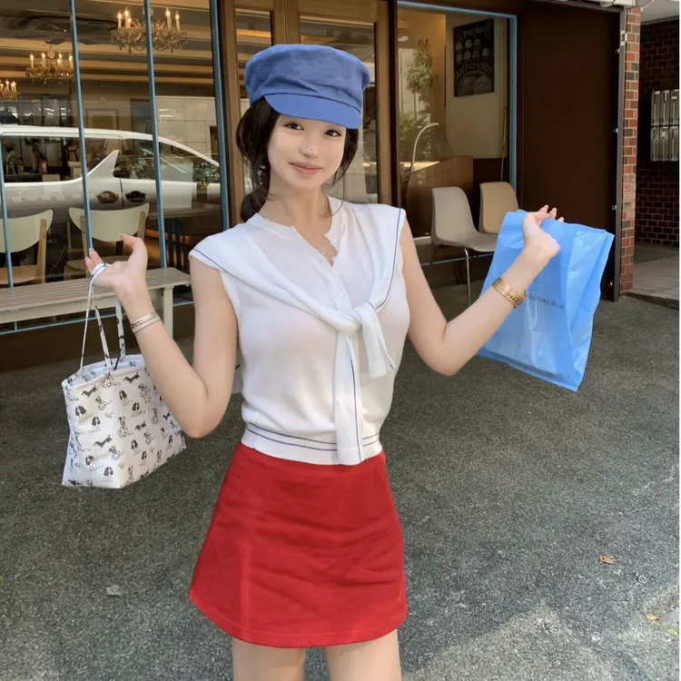 2025夏季新款设计感时尚简约气质披肩式无袖上衣女装复古半身裙子