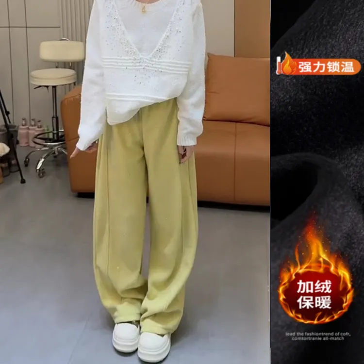 景倩妮时尚潮流满天星弯刀休闲裤2025冬季新款加绒显瘦窄版阔腿裤