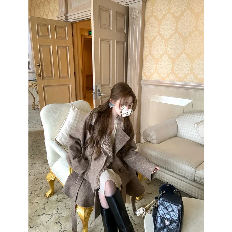 金蘑菇 冬日赛马场 复古裙摆可拆卸毛领羊毛呢大衣毛呢外套女3307