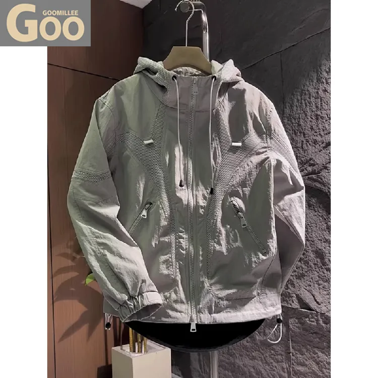高端网眼拼接户外连帽冲锋衣外套男士2025夏季防风运动工装夹克