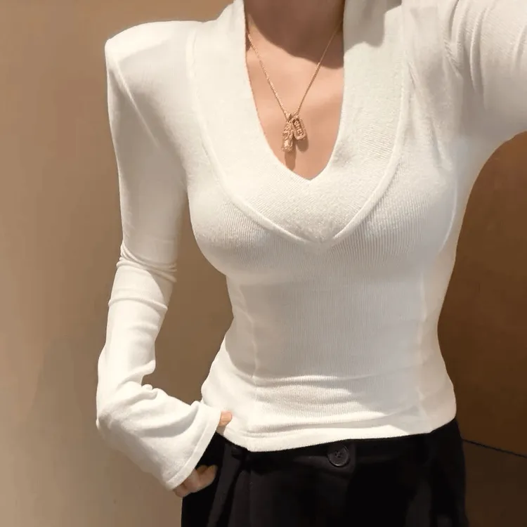 设计感小众上衣欧货2025春季新款纯色v领显瘦打底衫时尚长袖辉