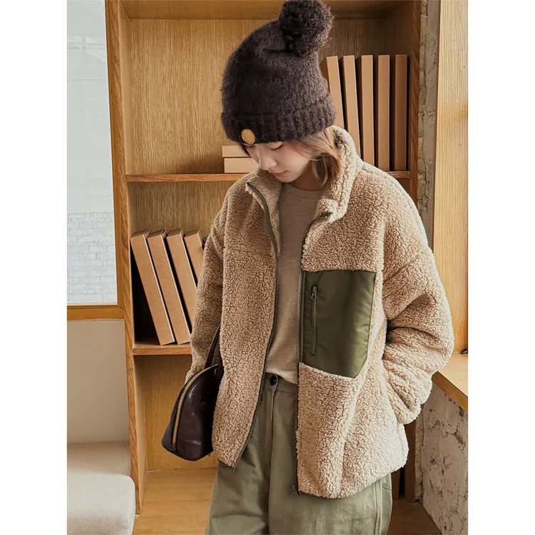 【唐悠悠mgdm】泡菜国超柔双面摇粒绒夹克女秋冬口袋撞色拼接外套