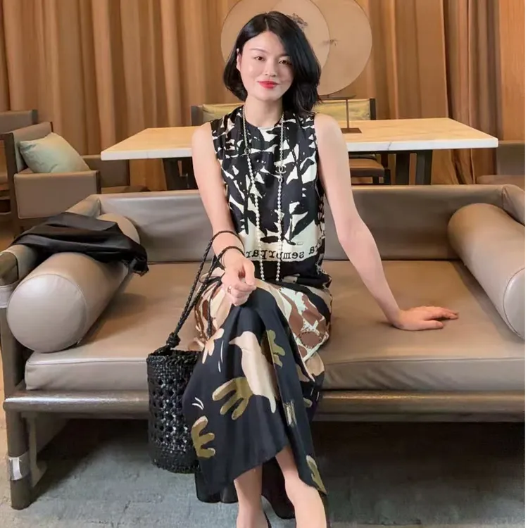 TANTAN 真丝显瘦印花无袖修身连衣裙1082