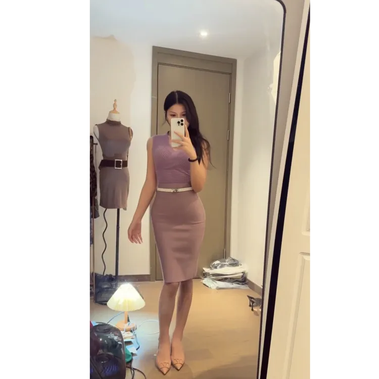 御姐穿搭套装女夏季气质紫色修身无袖上衣显身材性感包臀半身裙子