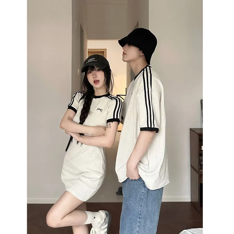 【两件装】情侣装短袖T恤修身包臀裙小众三条杠连衣裙法式一裙一衣