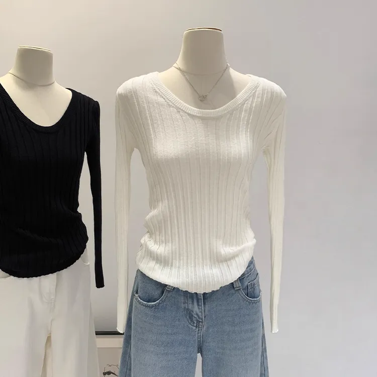 白色薄款长袖针织衫女秋季新款修身内搭打底衫时尚百搭设计感上衣