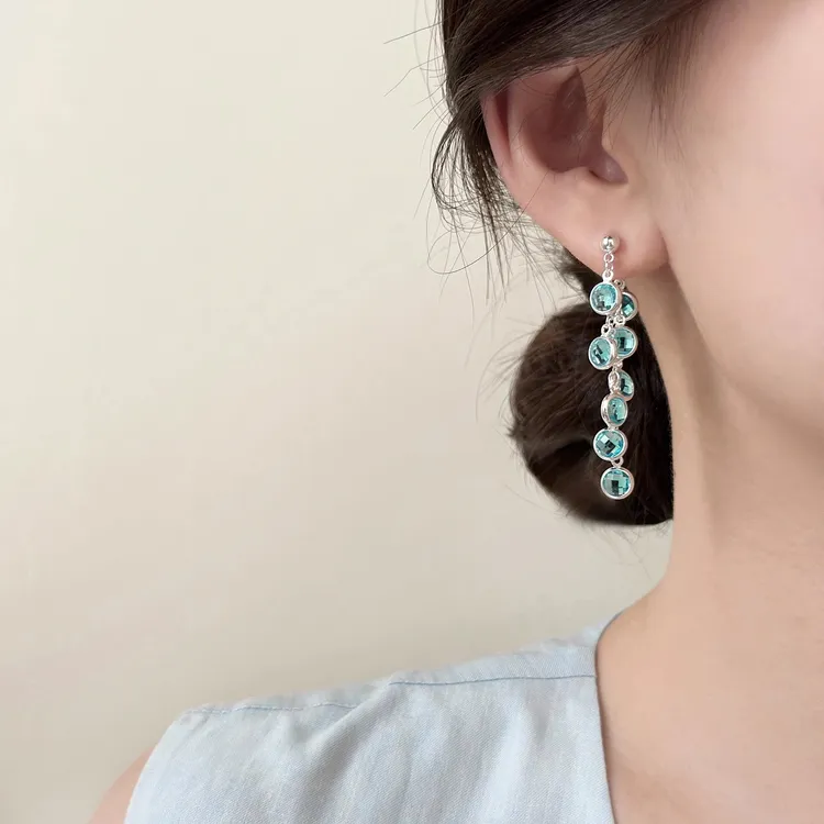 铜合金耳饰 蓝色锆石流苏长款耳环女款夏天度假风耳坠方圆脸耳饰 