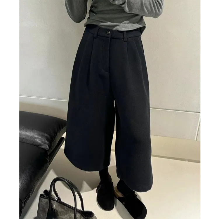 韩系气质显瘦毛呢七分阔腿裤女秋冬宽松直筒黑色休闲裤复古八分裤