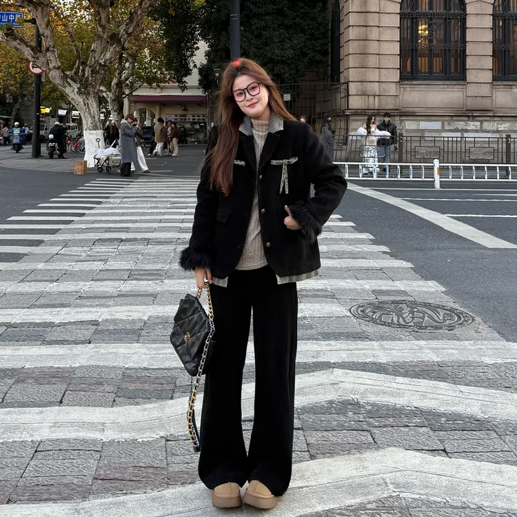 敏敏&南岛风大码女装拼接牛仔加绒加厚外套冬胖mm显瘦套装ZYY1331