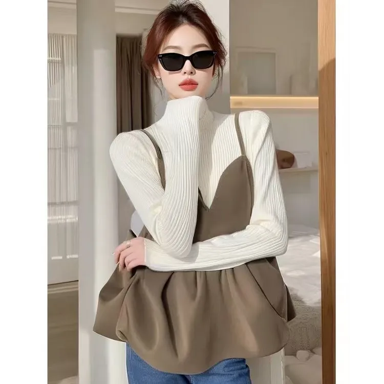 2025春季新款爆款内搭衬衫独特漂亮超好看时尚咖色吊带娃娃衫套装
