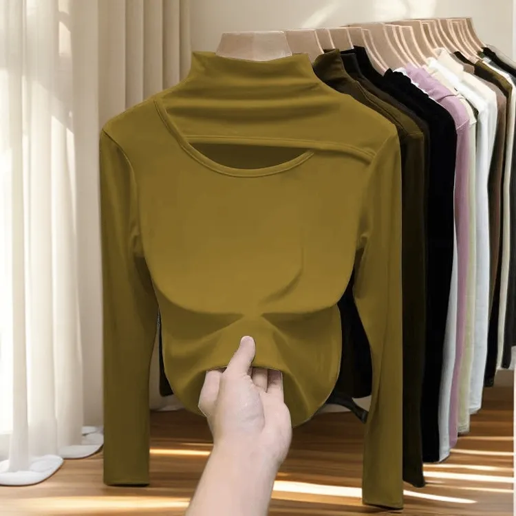 2025新款大码半高领长袖打底衫女秋冬修身镂空内搭T恤女螺纹上衣