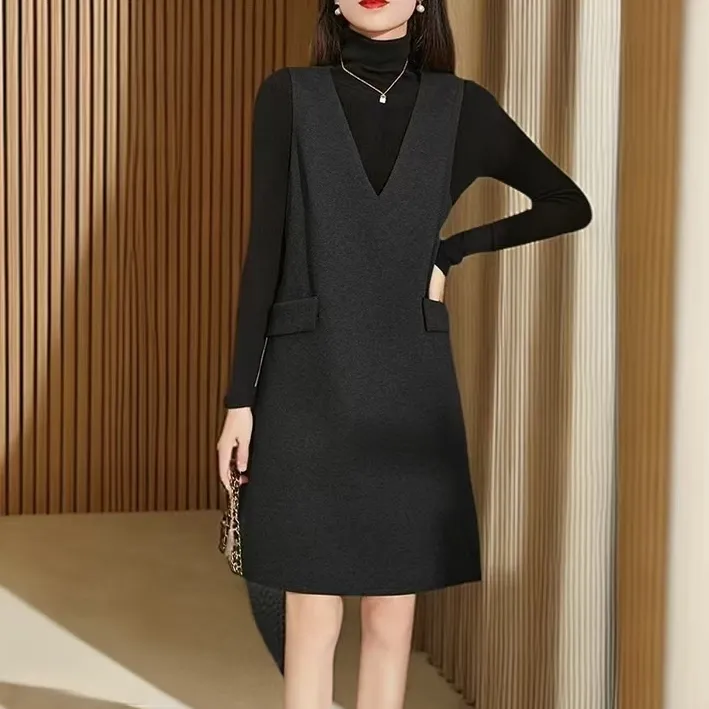 法式v领羊毛呢灰色半身裙女2025春冬新款无袖气质修身马甲背心裙