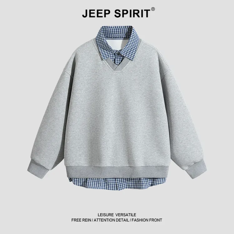 JEEPSPIRIT吉普新款假两件套头款秋季拼接卫衣上衣韩版春秋学院风