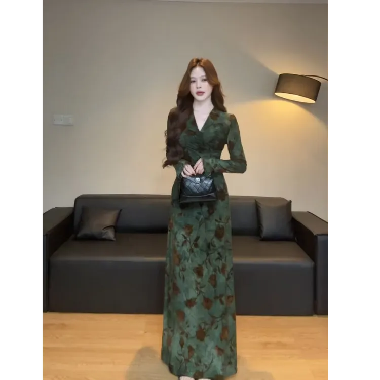 【橘络少女】秋影蔓花气质植绒印花长裙连衣裙女+慵懒老钱风长开衫