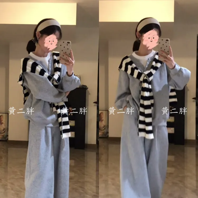 灰色衬衫披肩高腰阔脚裤套装女夏季休闲减龄学院风盐系穿搭三件套