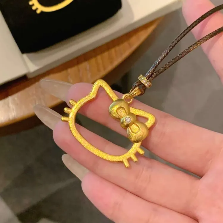 铜合金吊坠 KT猫蝴蝶结皮绳项链·简约卡通可爱精致百搭毛衣链