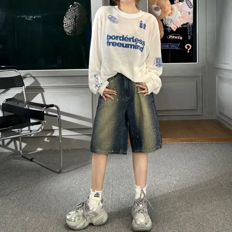 爆闪满天星高腰显瘦夏季复古休闲五分裤中裤短裤时尚百搭直筒牛仔