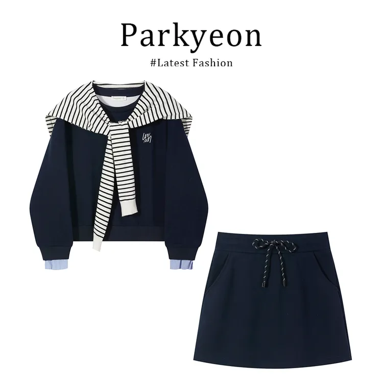 parkyeon藏青色刺绣卫衣半身裙套装女2025新款早秋学院风两件套