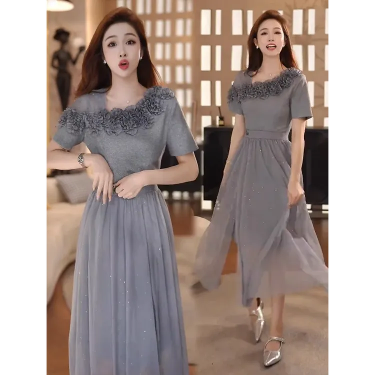 时尚连衣裙女2025夏季新款洋气显瘦短袖中长款T恤网纱裙两件套裙