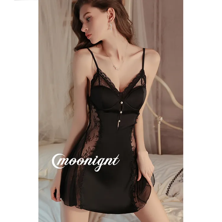 蕾丝睡裙顺滑缎面内衣性感深V加胸垫睡裙开襟外袍家居服套装5302