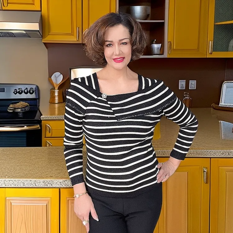 【包邮】条纹一字肩针织衫韩系毛衣修身短款露肩长袖打底衫#2609#