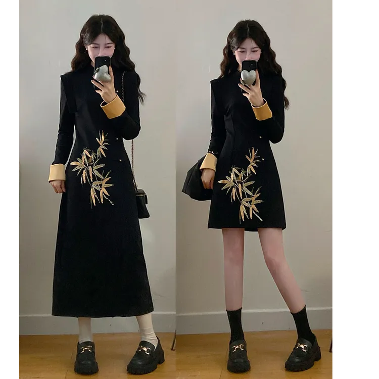 大码女装新中式国风古法刺绣收腰显瘦胖MM气质感旗袍连衣裙3525