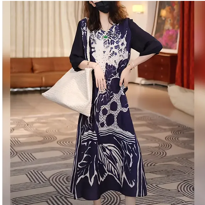 圆领复古收腰连衣裙2025夏季新款时尚显瘦中国风印花过膝长裙子