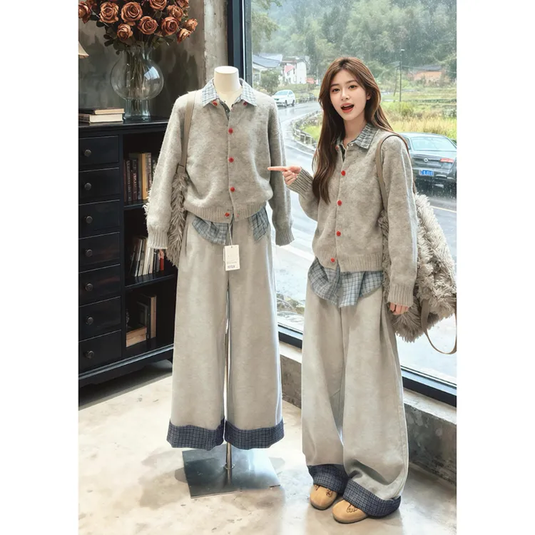 甜辣风2025秋季小众设计高级感灰色针织衫高腰阔腿裤子两件套装女