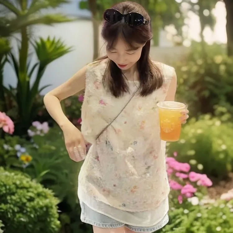 立体提花双层纱衬衫女2025新款爆款夏季小衫减龄洋气背心无袖上衣