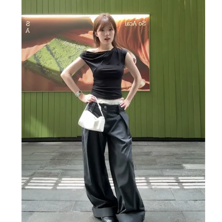 夏季新款时尚洋气衣服女休闲百搭斜肩露肩上衣街头显瘦阔腿裤套装