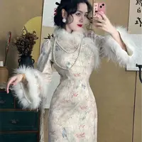 LHMknk1活动画报夫人原创自制秋冬厚款温蝴蝶旗袍连衣裙香妃迷蝶