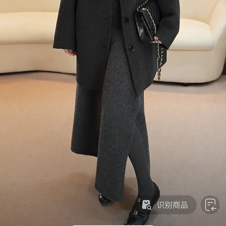 【JINGDIAN】定制款深灰色侧开衩羊毛半裙  设计款半裙秋冬毛呢