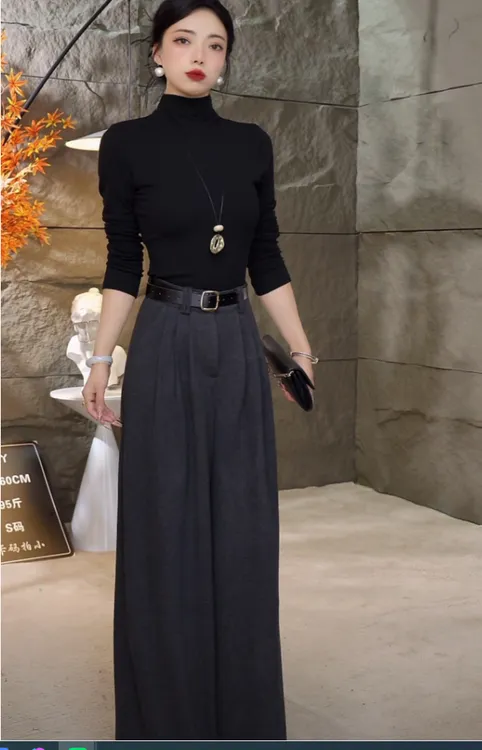 【大丫福利】休闲老钱风毛呢高腰阔腿拖地裤加厚秋冬款2025(送腰带)