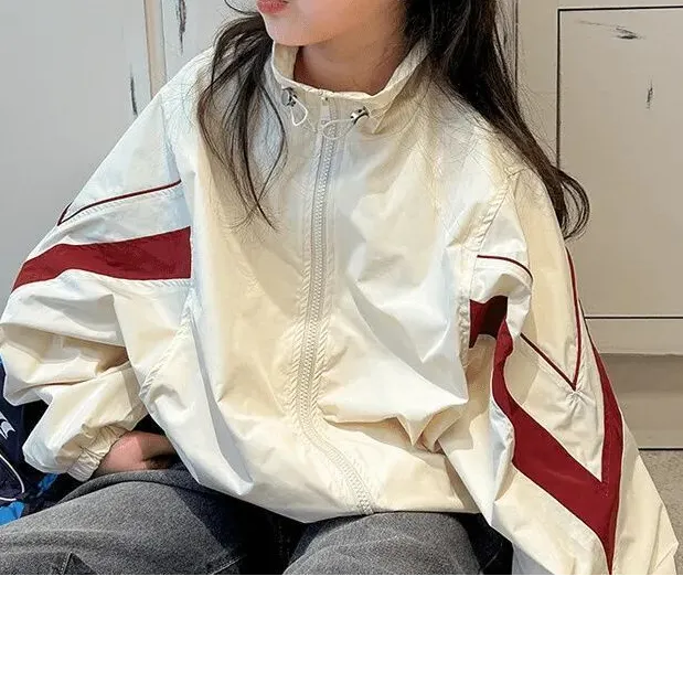 女童夹克外套春秋款2025新款中大童撞色宽松运动休闲儿童韩版上衣