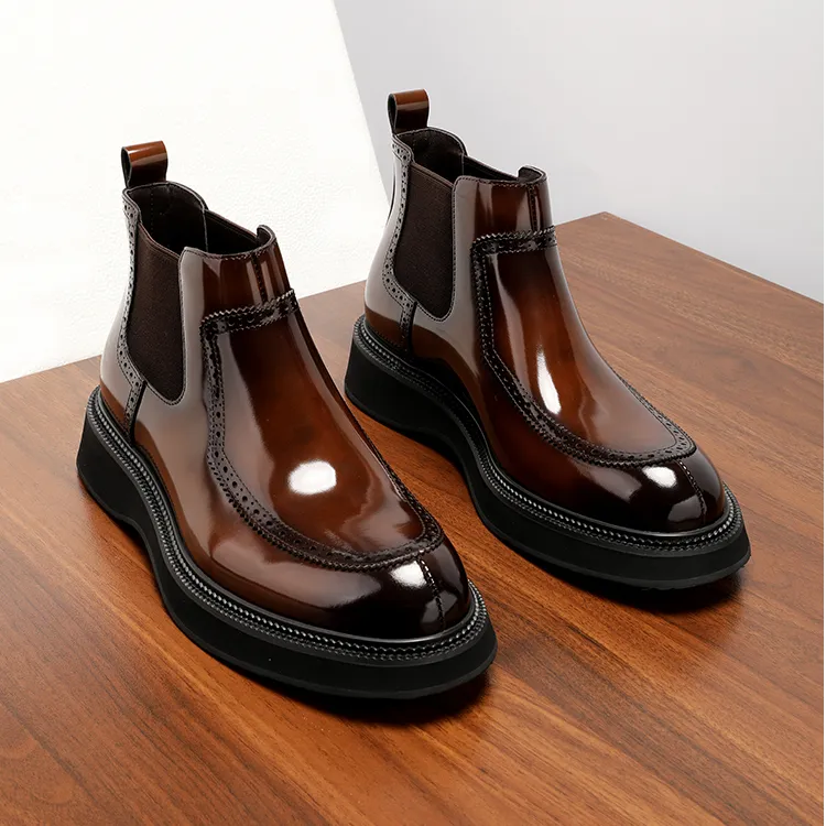 切尔西靴男款潮流亮面真皮短靴英伦风休闲高帮皮鞋厚底增高秋冬季