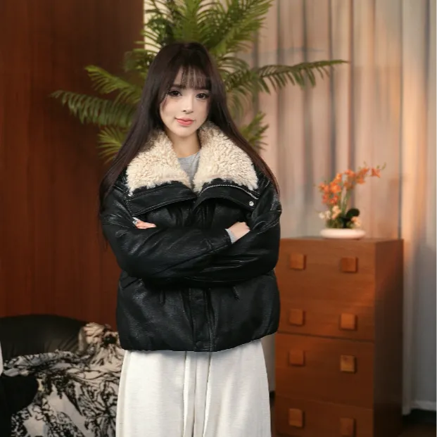 2025冬季90白鸭绒复古上衣女士宽松短款加绒蛋白软皮羽绒皮衣A710