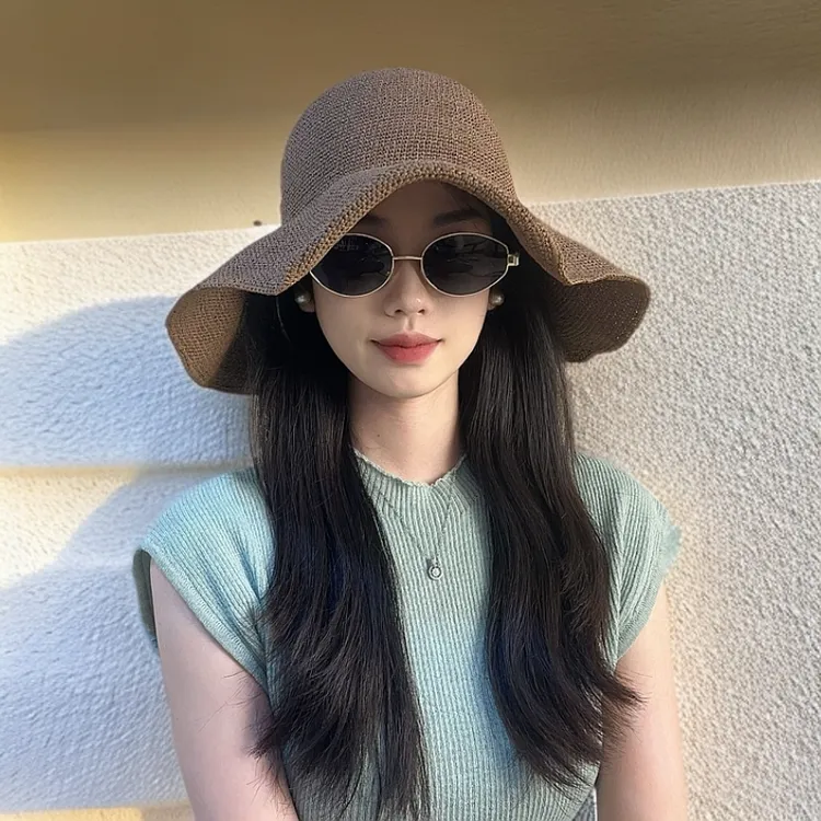 海边草帽女2025新款夏季法式大头围遮阳防晒帽大檐可折叠沙滩帽子