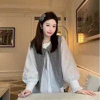 5550格雷少女 慵懒衬衣系带毛衣马甲套装
