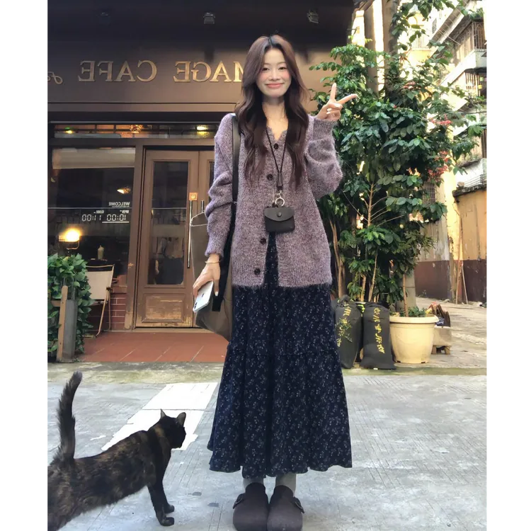 MARIE.COCO韩版秋冬时尚洋气时髦针织毛衣开衫穿搭女碎花半身裙子