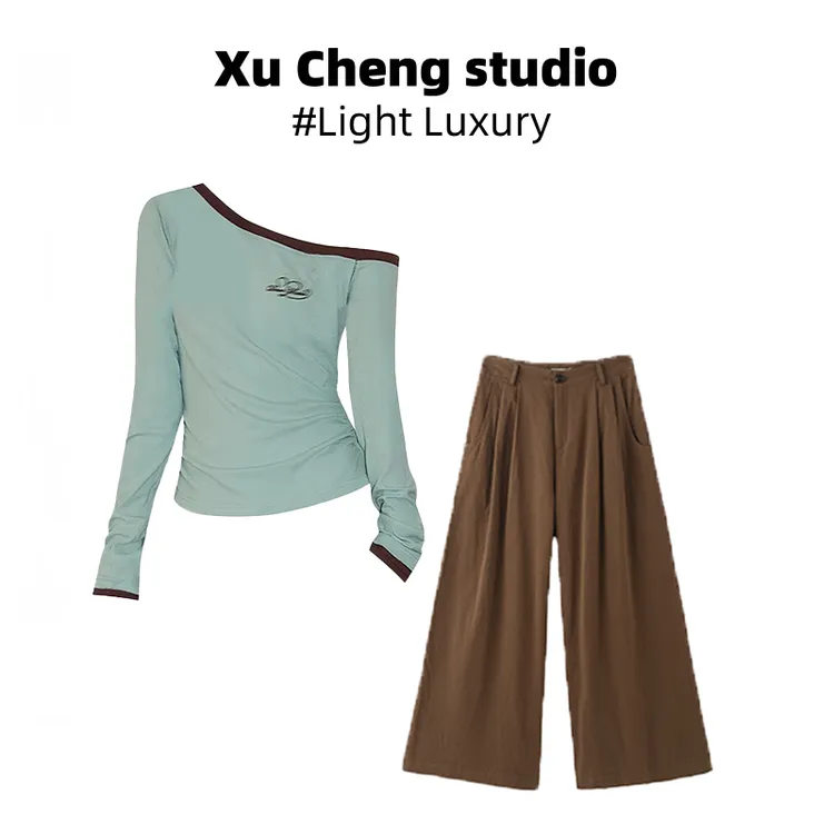 Xu Cheng多巴胺服装女斜肩撞色长袖T恤上衣秋季休闲阔腿裤套装