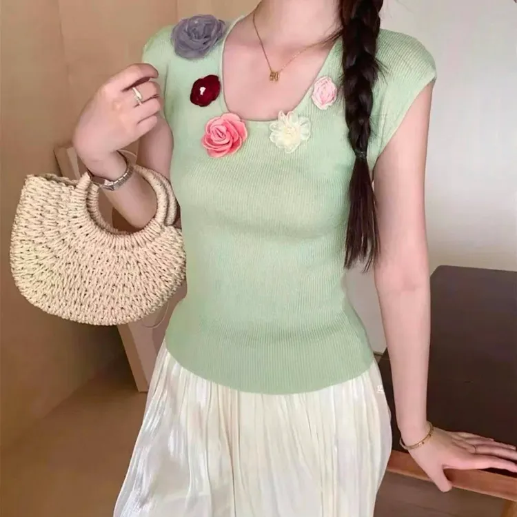 欧若风立体花朵针织背心2025新款春夏内搭外穿U型领青春无袖上衣